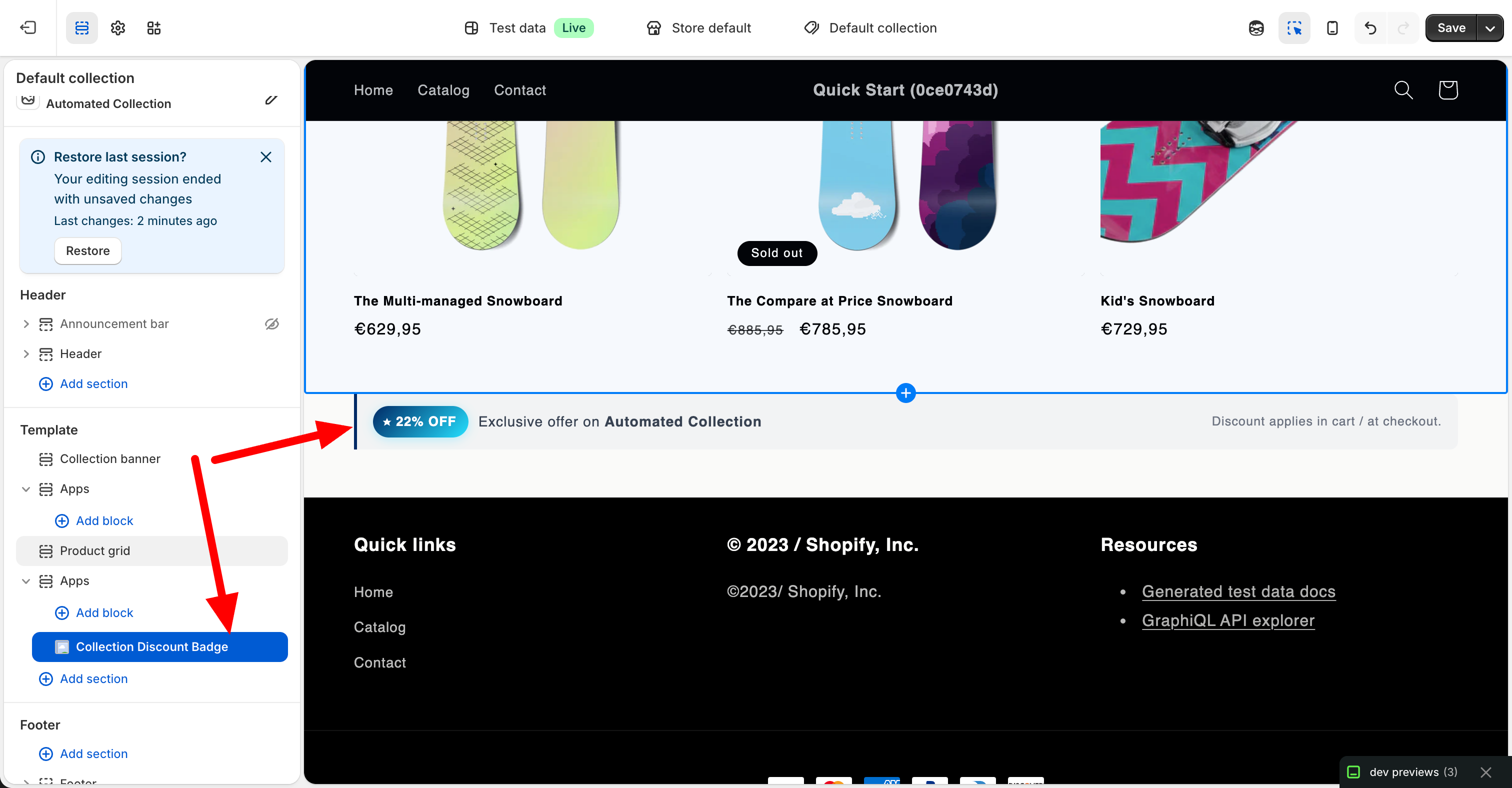 Collection Discount Badge block in the Shopify theme editor