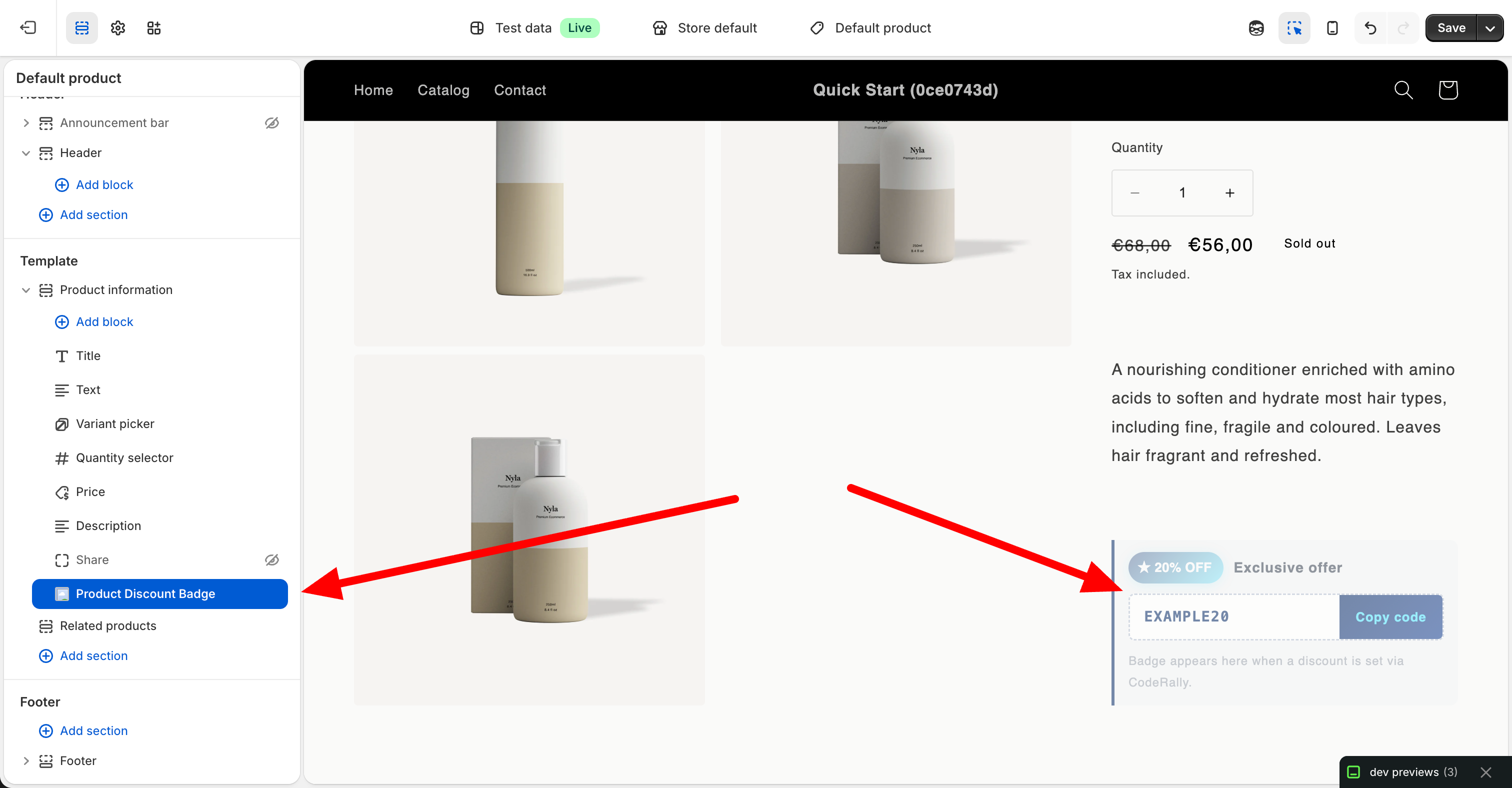 Product Discount Badge block in the Shopify theme editor